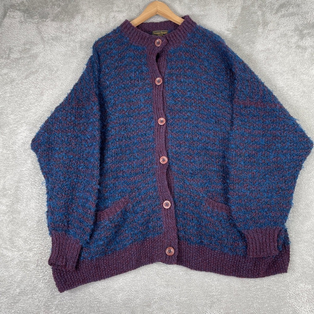 Yvonne Bergin Cardigan Womens OS Purple Blue Knit Ireland Mohair Blend Wool